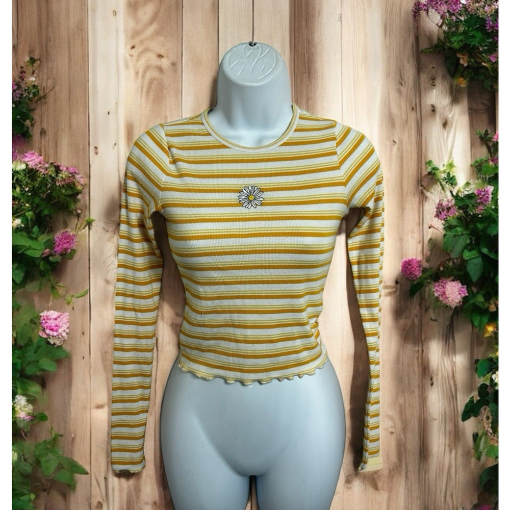 Hollister Yellow Striped Ribbed Daisy Top Sz XS Long-Sleeve Stretch Blouse